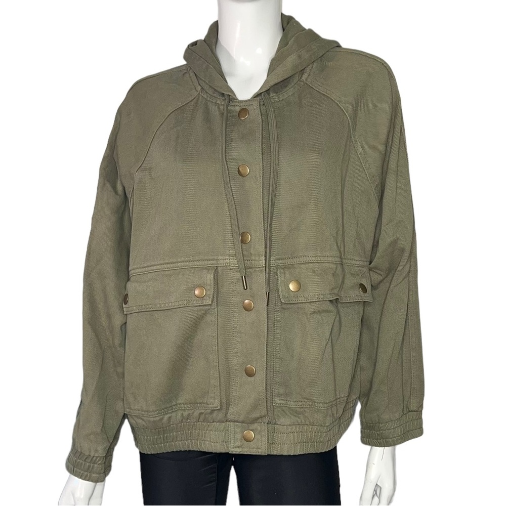 Forever 21 Hooded Army Green Denim Jean Utility Cargo Jacket